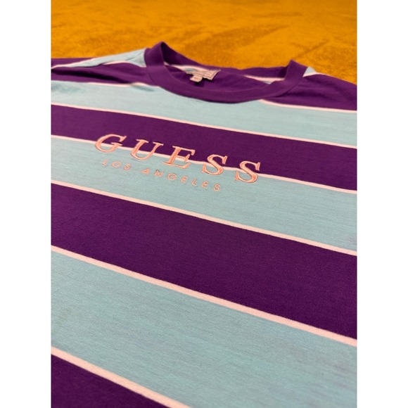 GUESS‎ Los Angeles Mens Striped T Shirt Purple Aqua White Size L - Picture 2 of 12